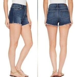 PAIGE Dark Indigo High-Rise Frayed Denim Shorts